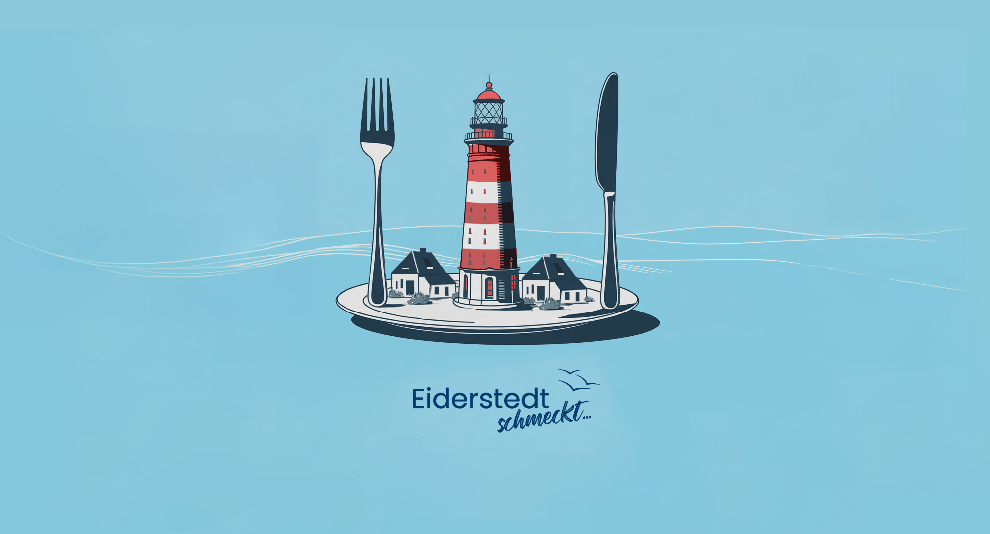 Illsustration_Slogan_Eiderstedt_Schmeckt_Bild_Leuchturm_mit_Teller_Messer_und_Gabel