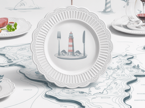 Illustration_Karte_Essen_Wasser_Leutchturm_gasthof_hoyerswortauf_Teller_Pins