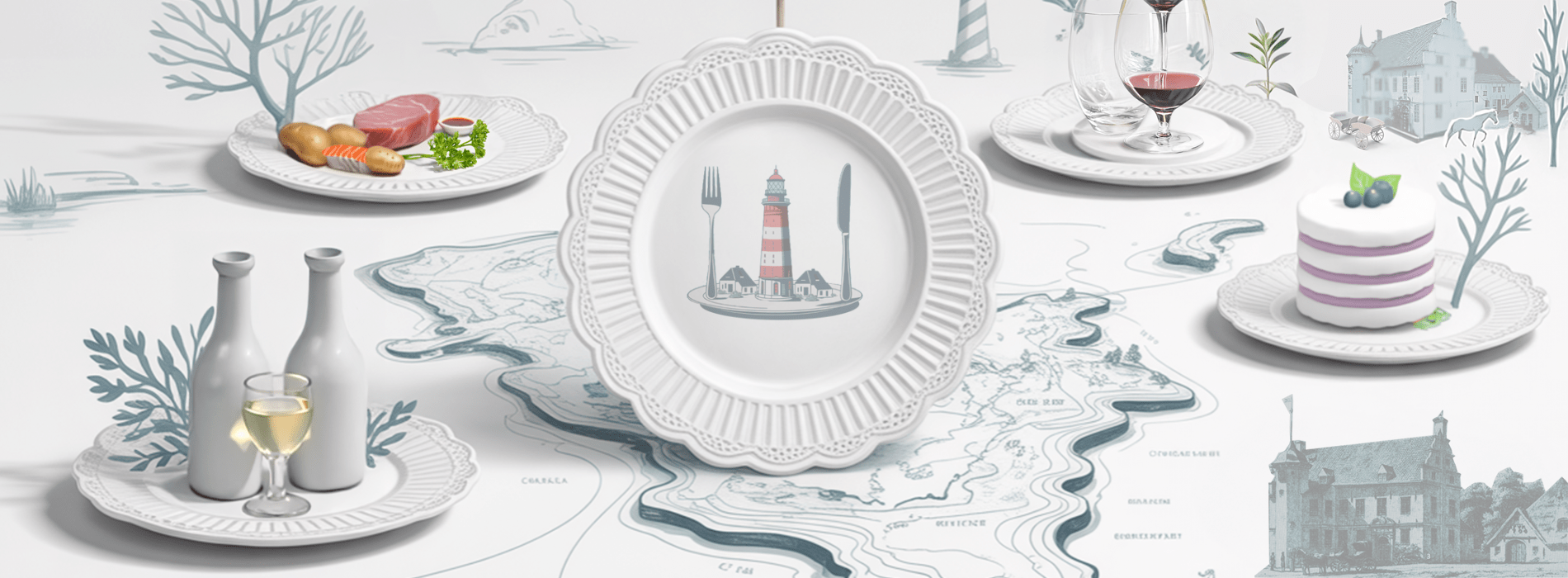 Illustration_Karte_Essen_Wasser_Leutchturm_gasthof_hoyerswortauf_Teller_Pins